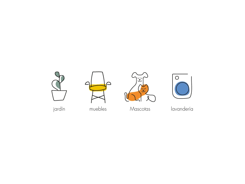 Aplicación de identidad visual CasaIdeas con iconografía y categorías de productos