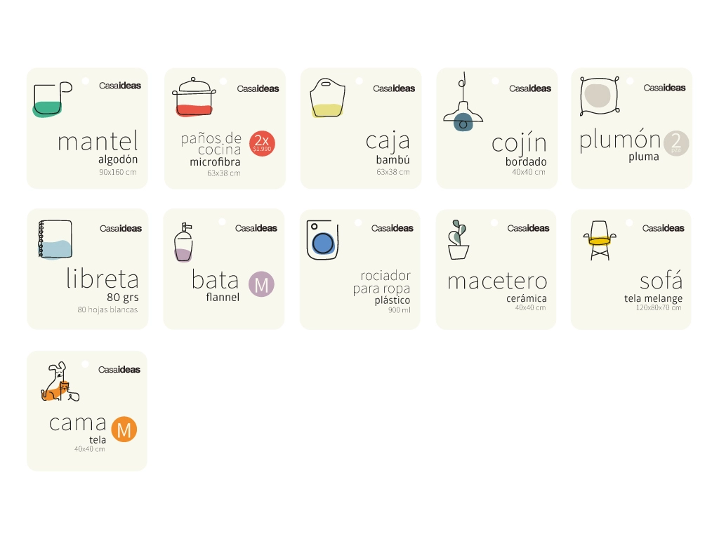 Sistema gráfico de packaging e identidad visual desarrollado para productos CasaIdeas con iconografía personalizada